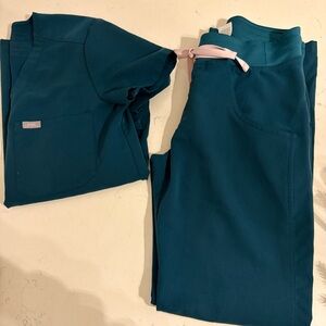 Figs Teal Scrub Set with Pink Accent